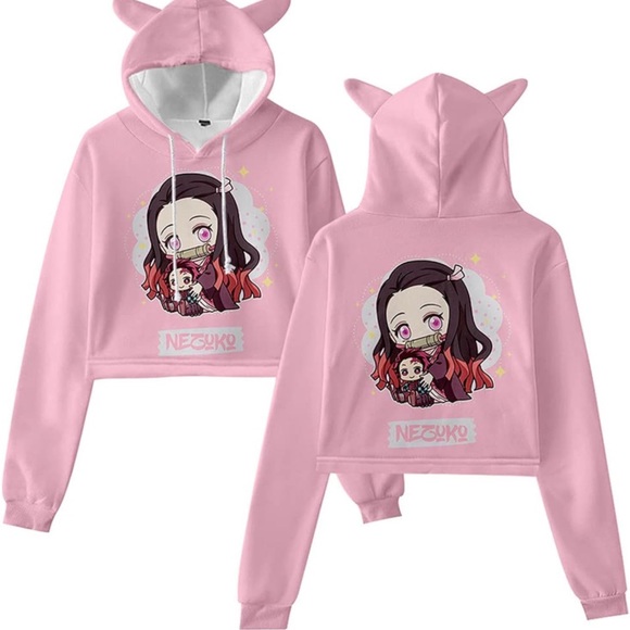 Demon Slayer Nezuko Women Crop Hoodie ears Pink Anime XS Small Sweater AMOMA - Picture 2 of 8